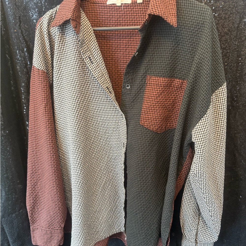 Pilcro Men's Checkered Patchwork Shirt - Black, White, Brown